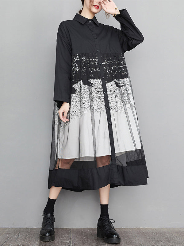 Buttoned Gauze Printed Split-Joint A-Line Long Sleeves Lapel Midi Dresses