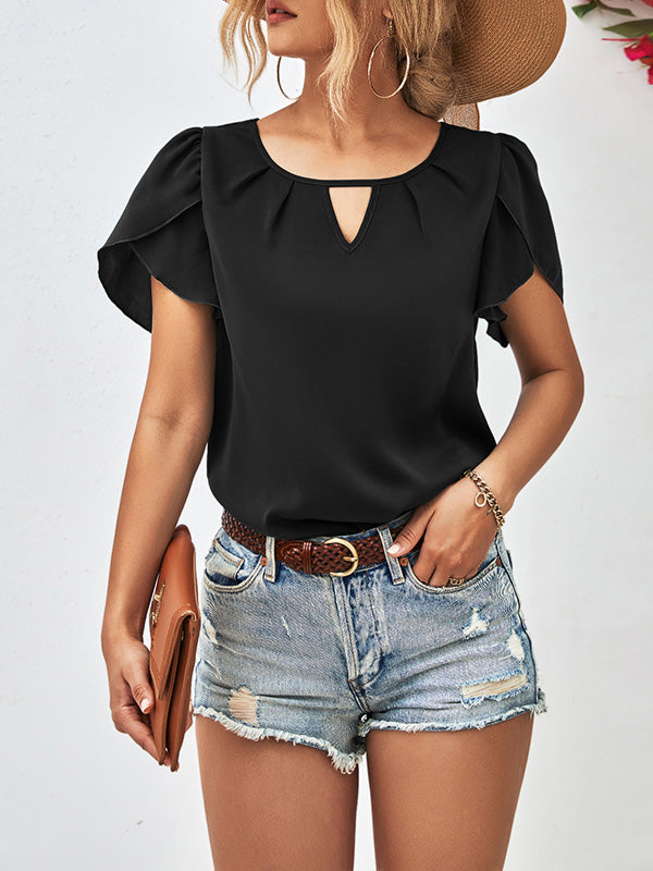 Hollow Solid Color Loose Short Sleeves Round-Neck T-Shirts Tops