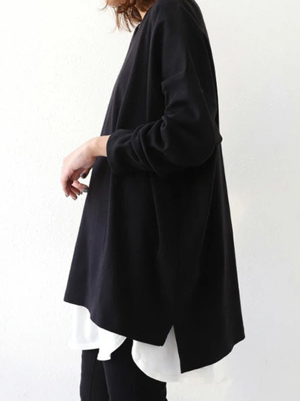 Solid Color Simple V-Neck High-Low Long Sleeve T-Shirts