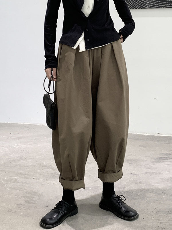Elasticity High-Waisted Pleated Solid Color Split-Joint Harem Pants Loose Trousers Pants