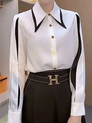Buttoned Contrast Color Split-Joint Long Sleeves Loose Lapel Blouses&Shirts Tops