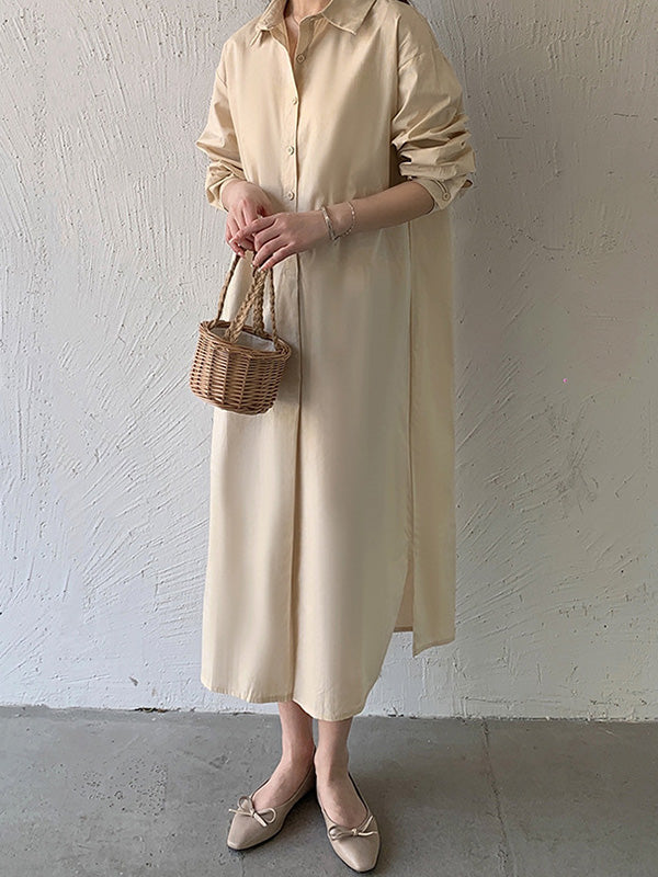 Urban Loose Solid Color Lapel Collar Shirt Midi Dresses