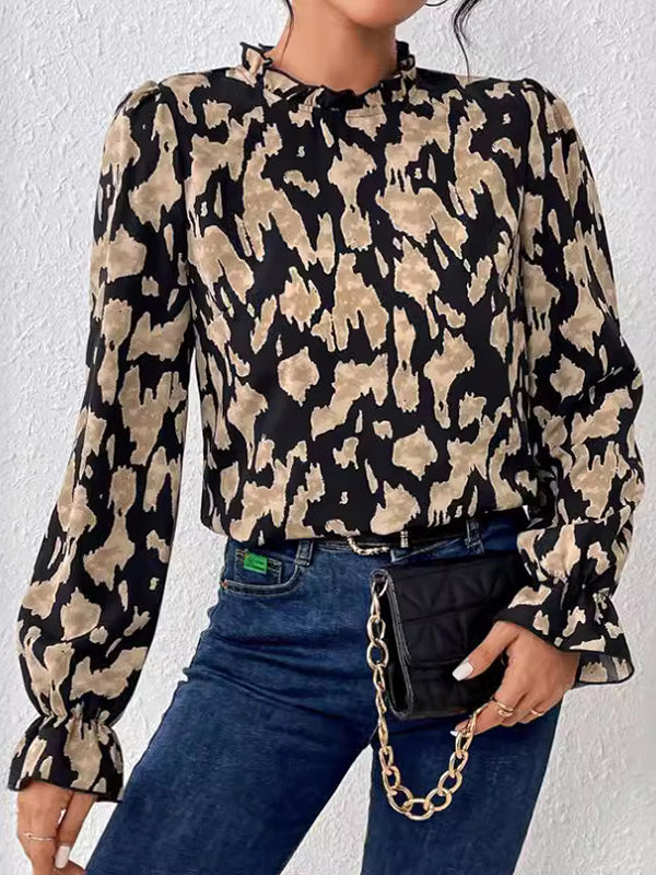 Elasticity Hollow Leopard Flared Sleeves Long Sleeves Mock Neck Blouses&Shirts Tops