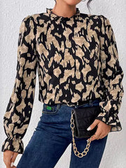 Elasticity Hollow Leopard Flared Sleeves Long Sleeves Mock Neck Blouses&Shirts Tops