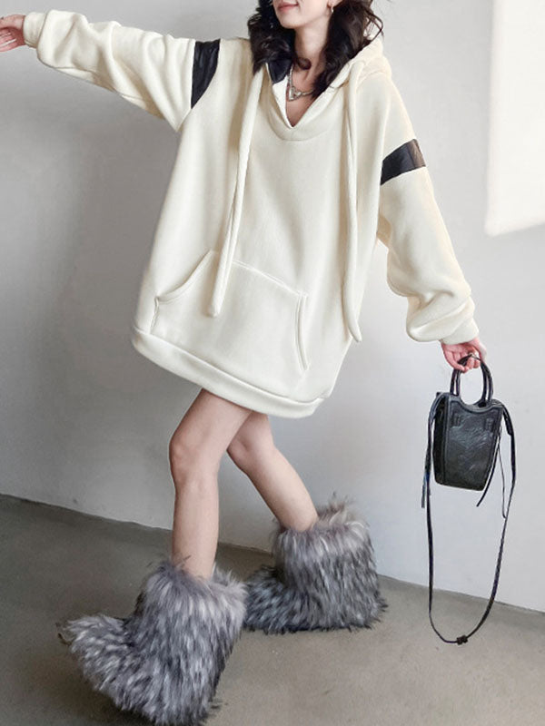Contrast Color Drawstring Pockets Velvet Long Sleeves Loose Hoodies Tops