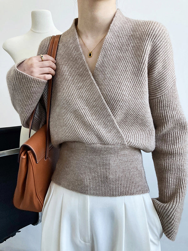Casual Long Sleeves Loose Solid Color Cross V-Neck Sweater Tops