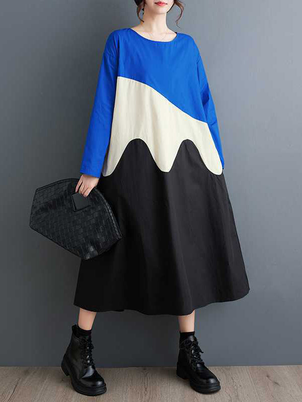 Contrast Color A-Line Long Sleeves Round-Neck Midi Dresses