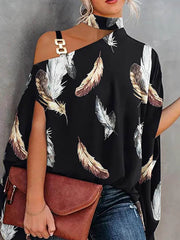Asymmetric Chains Leaves Print Batwing Sleeves Loose Asymmetric Collar T-Shirts Tops