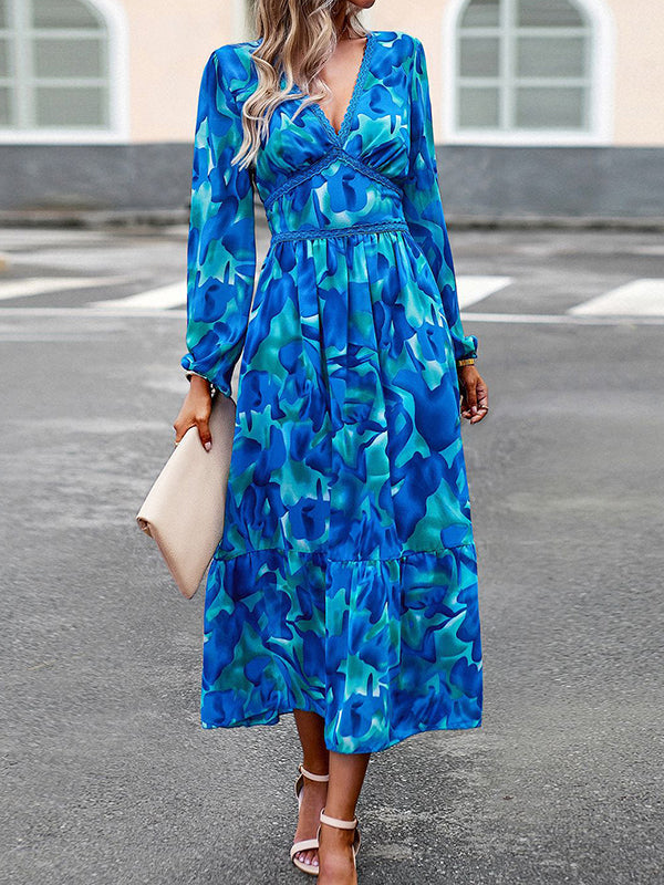 Mesh Printed Split-Joint A-Line High Waisted Deep V-Neck Midi Dresses