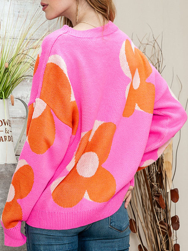 Knitted Flower Long Sleeves Loose Round-Neck Sweater Tops Pullovers