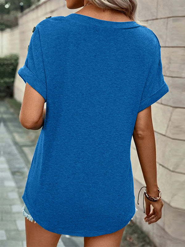 Buttoned Solid Color Loose Short Sleeves V-neck T-Shirts Tops