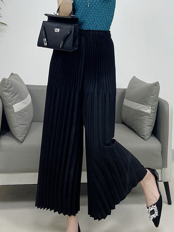 Elasticity Pleated Solid Color Split-Joint High Waisted Loose Trousers Pants