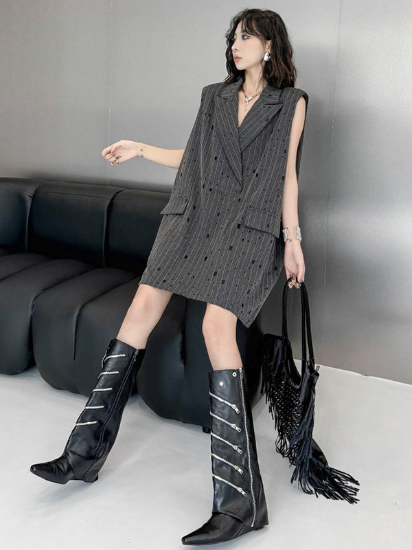 Striped Loose Sleeveless Lapel Vest Top
