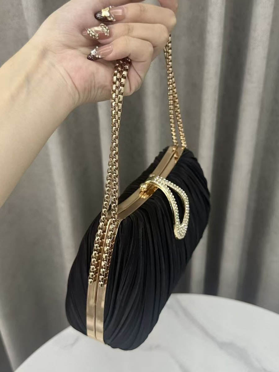 Chains Lock Pleated Rhine Stones Shiny Evening Bags & Clutches Crossbody Bags
