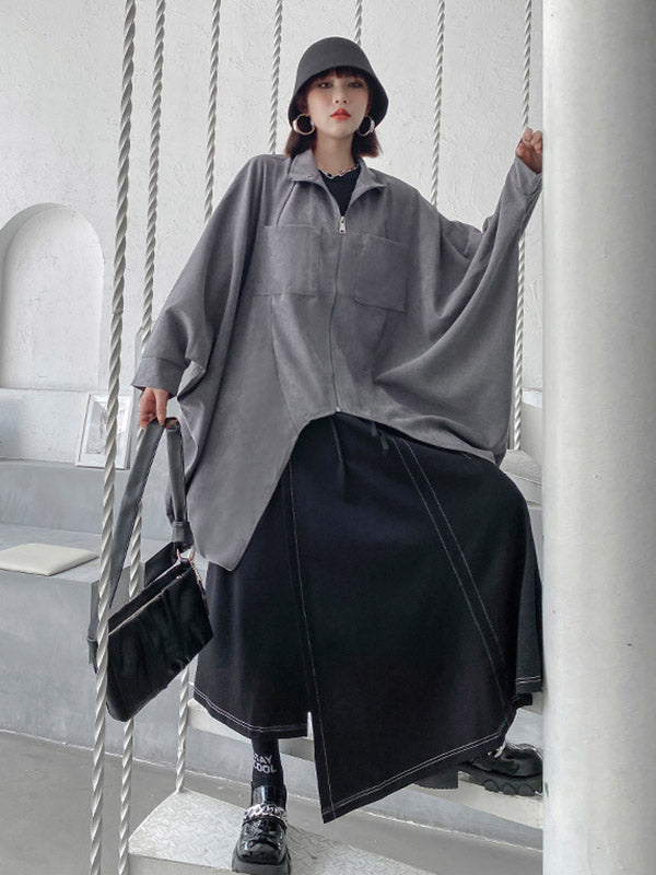 Casual Batwing Sleeves Loose Drawstring Zipper Stand Collar Jackets&Coats