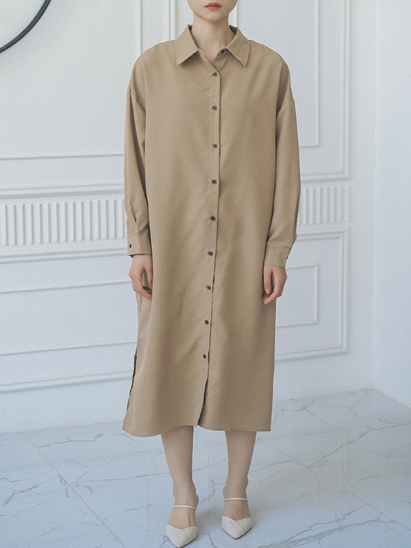 Buttoned Split-side Loose Three-quarter Sleeves Lapel Shirt Dress Midi Dresses