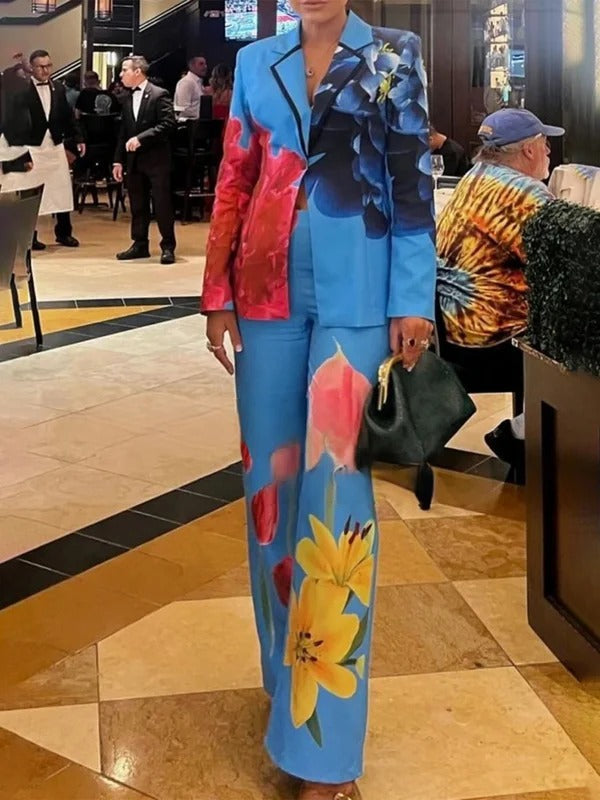 Asymmetric Floral Printed Split-Joint Long Sleeves Loose Lapel Outerwear Blazer Suits