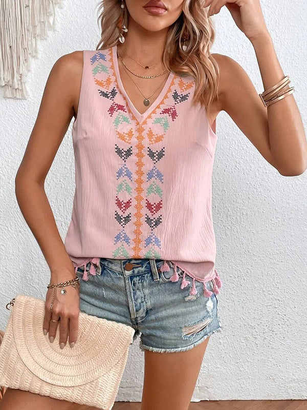 Embroidered Tasseled Loose Sleeveless V-Neck Vest Top