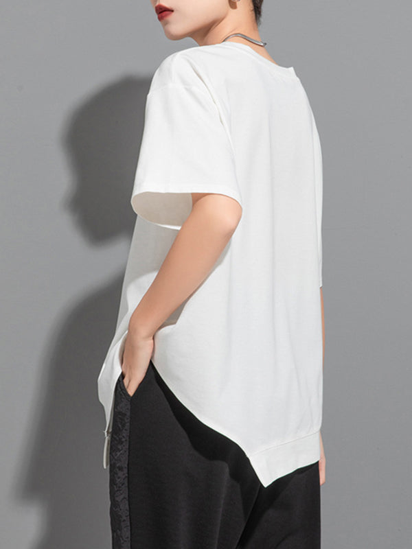Asymmetric Solid Color Split-Joint Loose Short Sleeves Round-Neck T-Shirts Tops