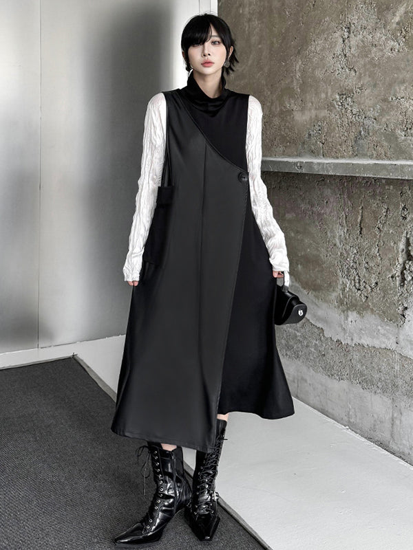 Asymmetric Buttoned Solid Color Split-Joint Irregularity Loose High Neck Midi Dresses