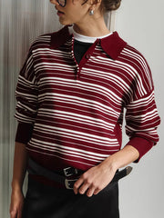 Split-Joint Striped Long Sleeves Lapel Sweater Tops