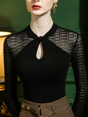 Hollow Jacquard Solid Color Split-Joint Long Sleeves Plus Size Round-Neck T-Shirts Tops