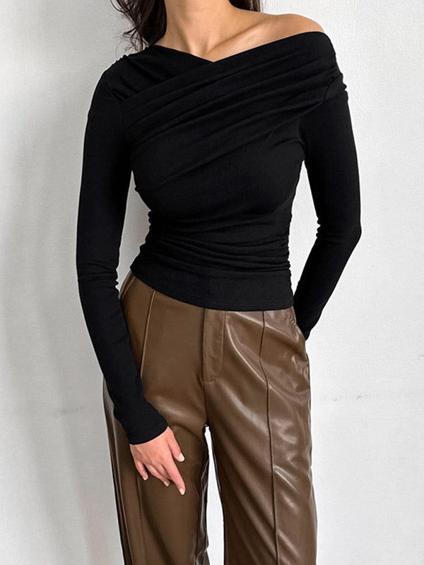 Asymmetric Solid Color Long Sleeves Skinny Asymmetric Collar T-Shirts Tops