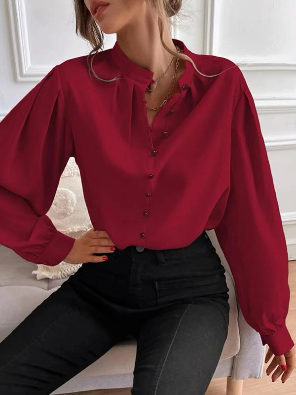 Pleated Solid Color Split-Joint Loose Puff Sleeves Stand Collar Blouses