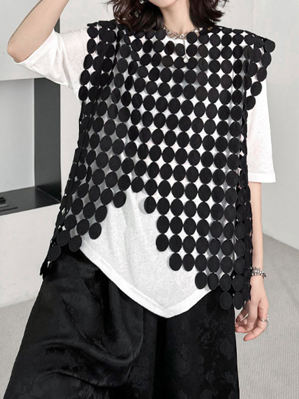 Hollow Solid Color Split-Joint Irregular Clipping Loose Round-Neck Vest Top
