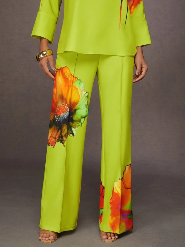 Loose Wide Leg Elasticity Flower Print Pleated Pants Trousers