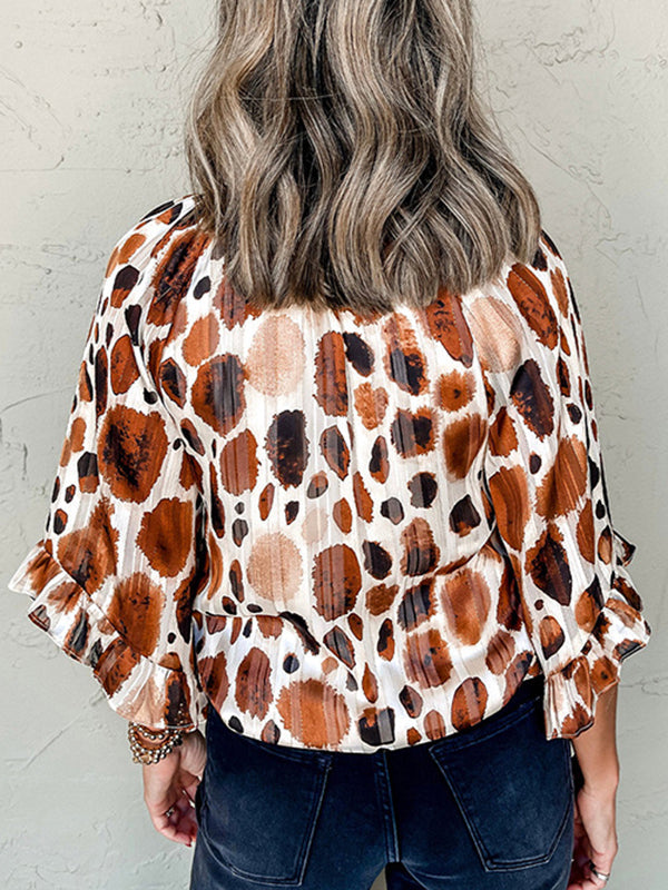 Contrast Color Pleated Split-Joint Long Sleeves Loose V-neck Blouses&shirts Tops