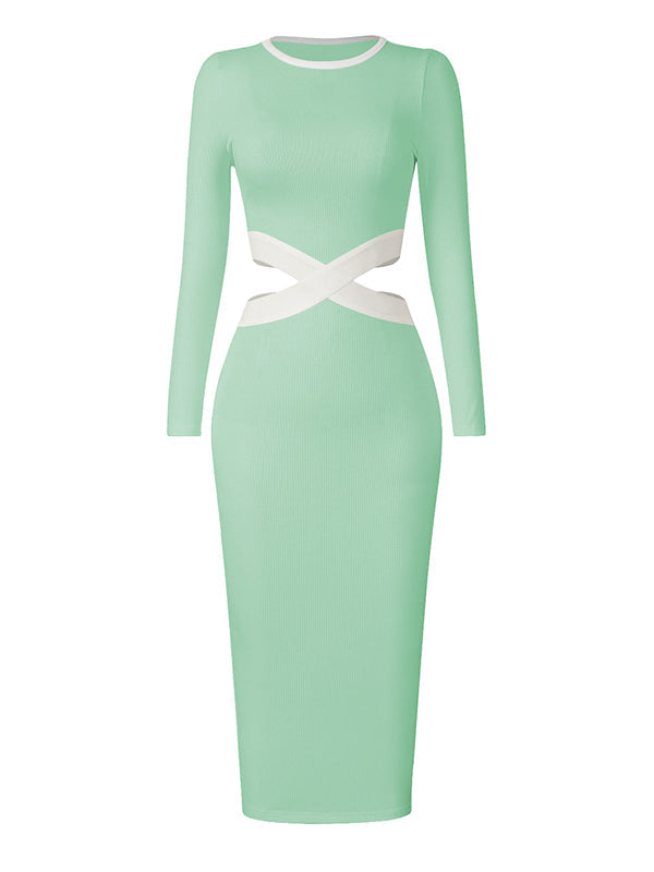 Hollow High Waisted Long Sleeves Round-Neck Midi Dresses