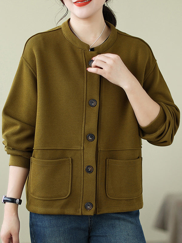 Buttoned Keep Warm Pockets Velvet Long Sleeves Loose Round-neck Outerwear