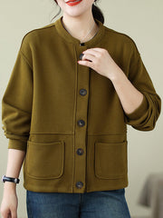 Buttoned Keep Warm Pockets Velvet Long Sleeves Loose Round-neck Outerwear
