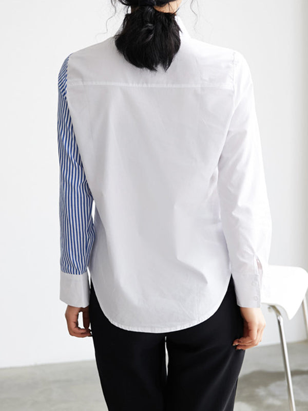 Long Sleeves Irregularity Striped Solid Contrast Color Lapel Collar Blouses