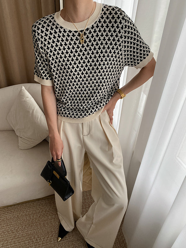 Houndstooth Half Sleeves Round-Neck Sweater Tops