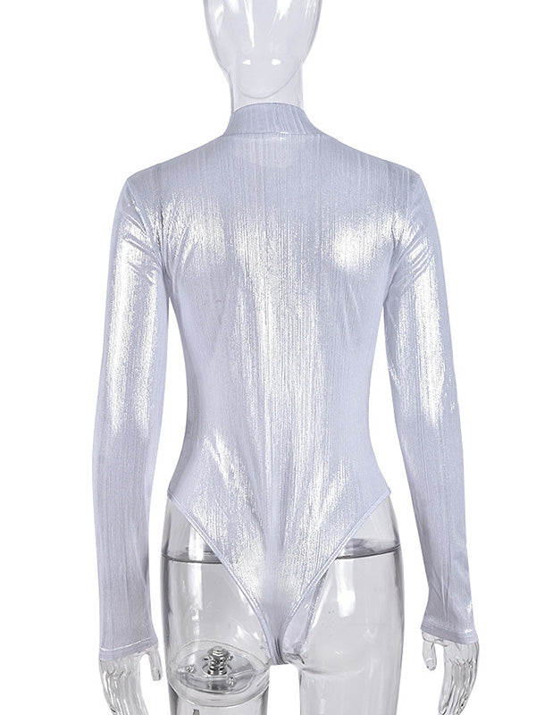 Bronzing Solid Color Long Sleeves Skinny Mock Neck Bodysuits