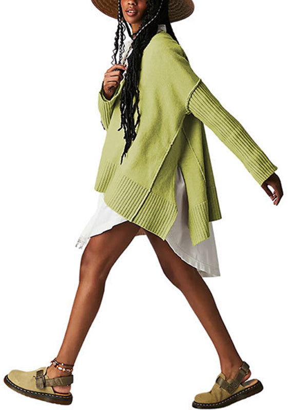 Solid Color Split-Joint Split-Side Long Sleeves Loose V-Neck Sweater Tops Pullovers