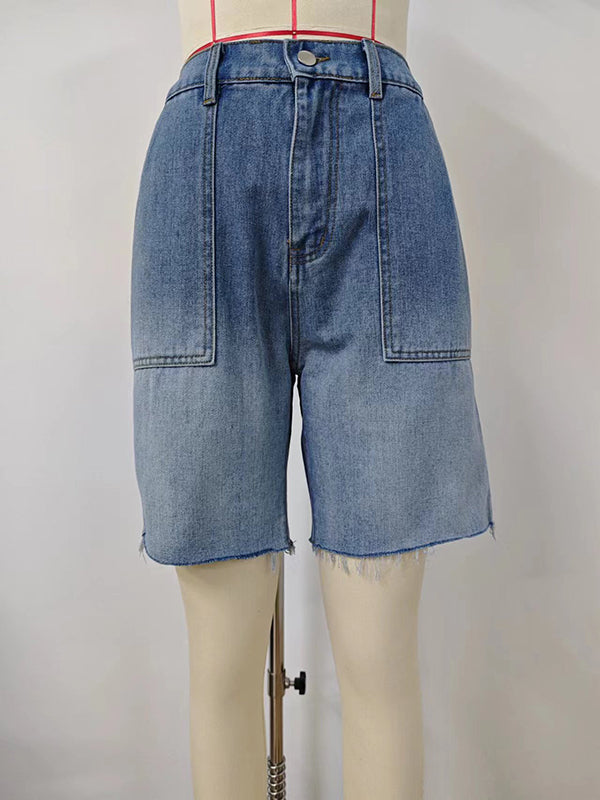 Buttoned Elasticity Fringed Pockets Split-Joint Loose Denim Shorts