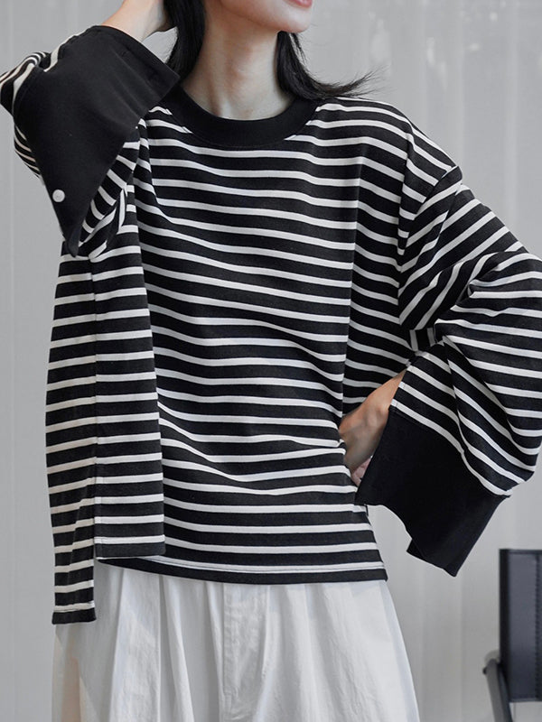 Contrast Color Split-Joint Split-side Striped Long Sleeves Loose Round-neck Sweatshirt Tops