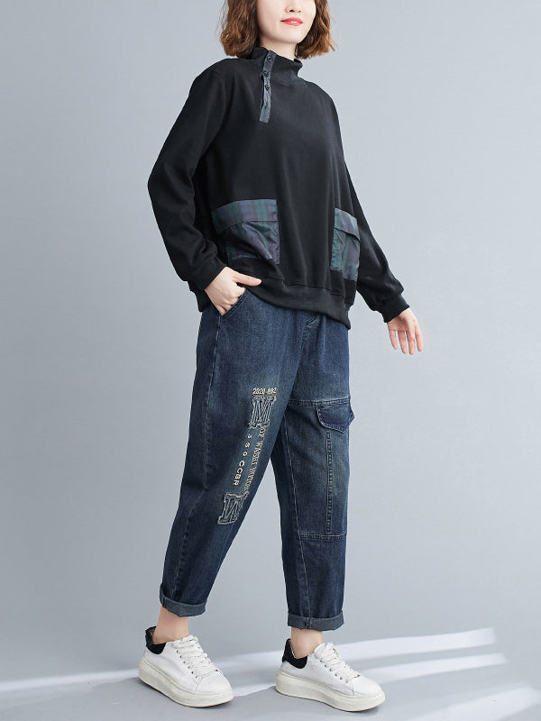 Simple Long Sleeves Loose Split-Joint Solid Color High-Neck Sweatshirt Tops