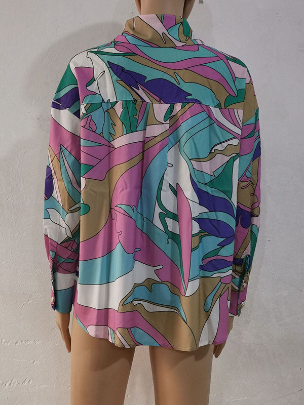 Contrast Color Printed Long Sleeves Loose Lapel Blouses