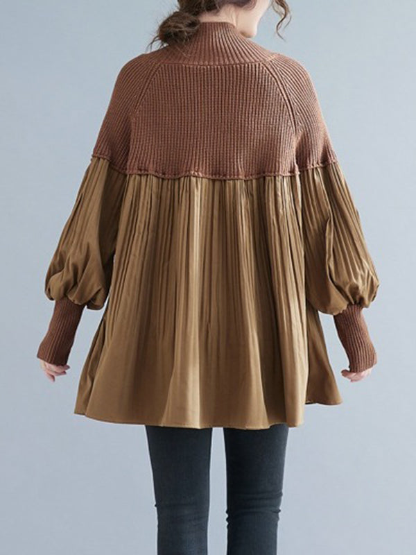 Pleated Split-Joint Long Sleeves Loose High Neck Sweater Tops
