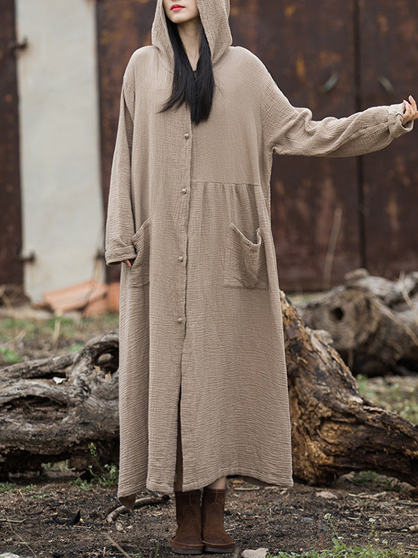 Solid Color Split-Joint Long Sleeves Loose Hooded Outerwear