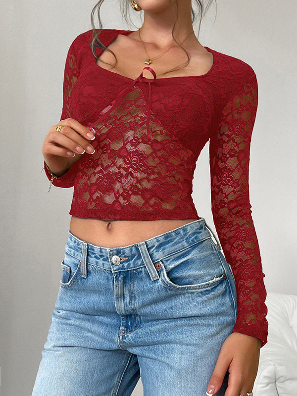 Bow-Embellished Flower Print Hollow See-Through Split-Joint Tied Long Sleeves Skinny Square-Neck Blouses&Shirts Tops