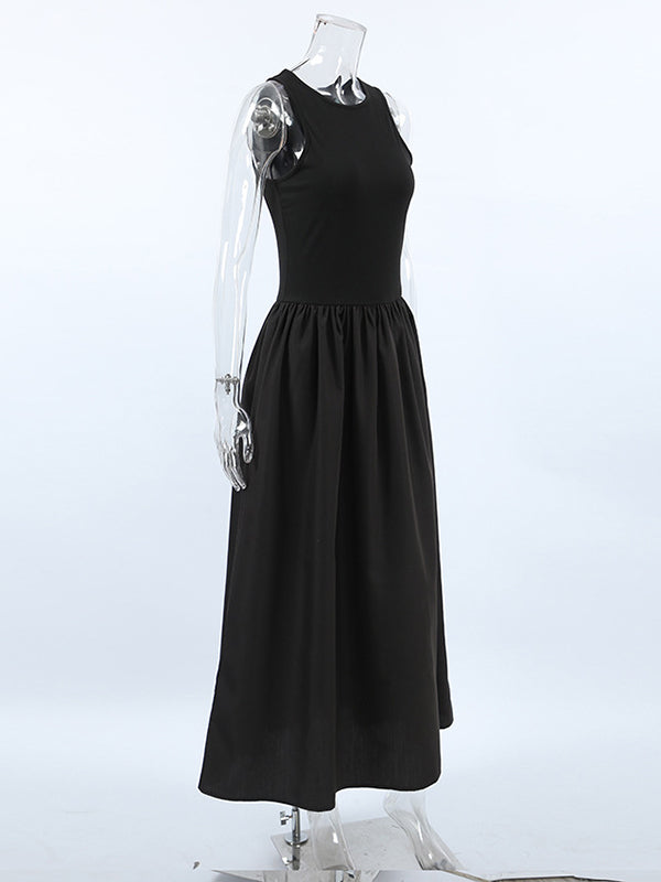 Solid Color Split-Joint A-Line Sleeveless Round-Neck Maxi Dresses