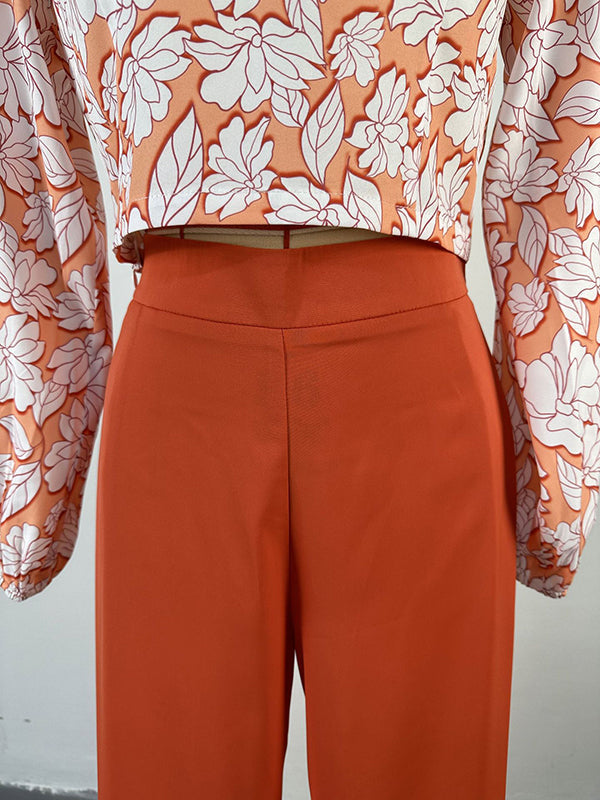 Long Sleeves Mock Neck Flower Print Hollow Shirts Top + High Waisted Pants Bottom Two Pieces Set