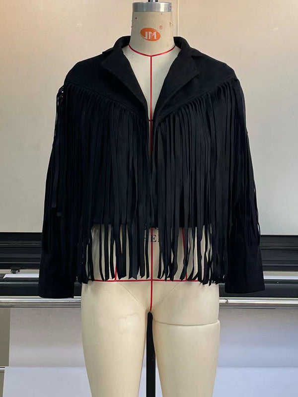 Solid Color Split-Joint Tasseled Long Sleeves Notched Collar Jackets