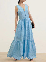 Buttoned Crochet Embroidered Hollow Solid Color Zipper High Waisted Sleeveless Deep V-Neck Maxi Dresses