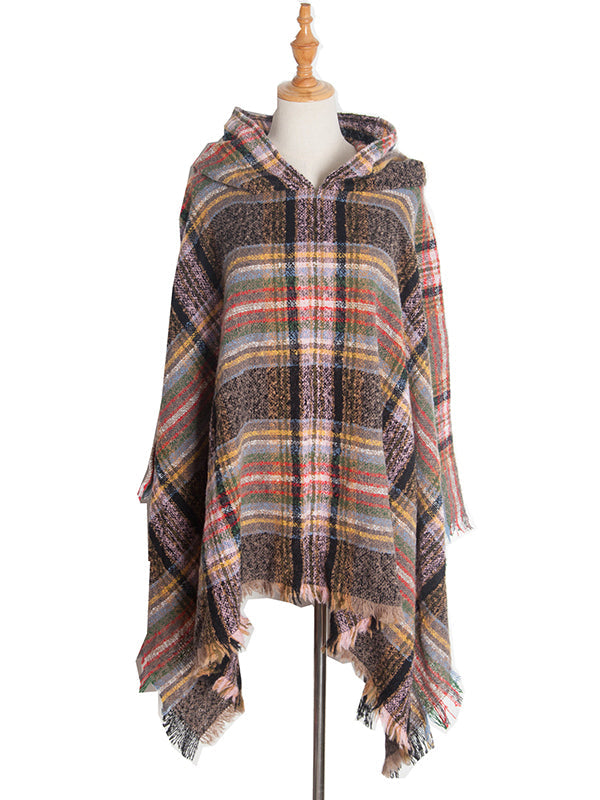 Fringed Hooded Keep Warm Plaid Shawl&Cloak Cape